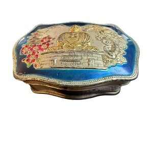 Vintage Made in Occupied Japan Kamakura Buddha Metal Trinket Jewelry Box Blue